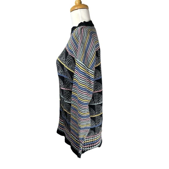 Vintage 80s Black Knit Geometric Pastel Rainbow Tunic Sweater Sz M - Picture 2 of 5